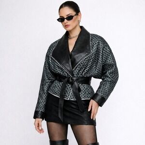 Vintage Cache Blue Geometric Y2K Checkered Bomber Jacket Leather Details S